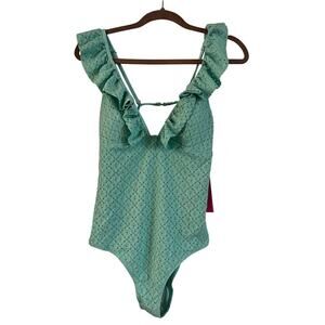 NWT Betsey Johnson One Piece Swim Suit Eyelet Ruffle Pads Medium Lacy Green